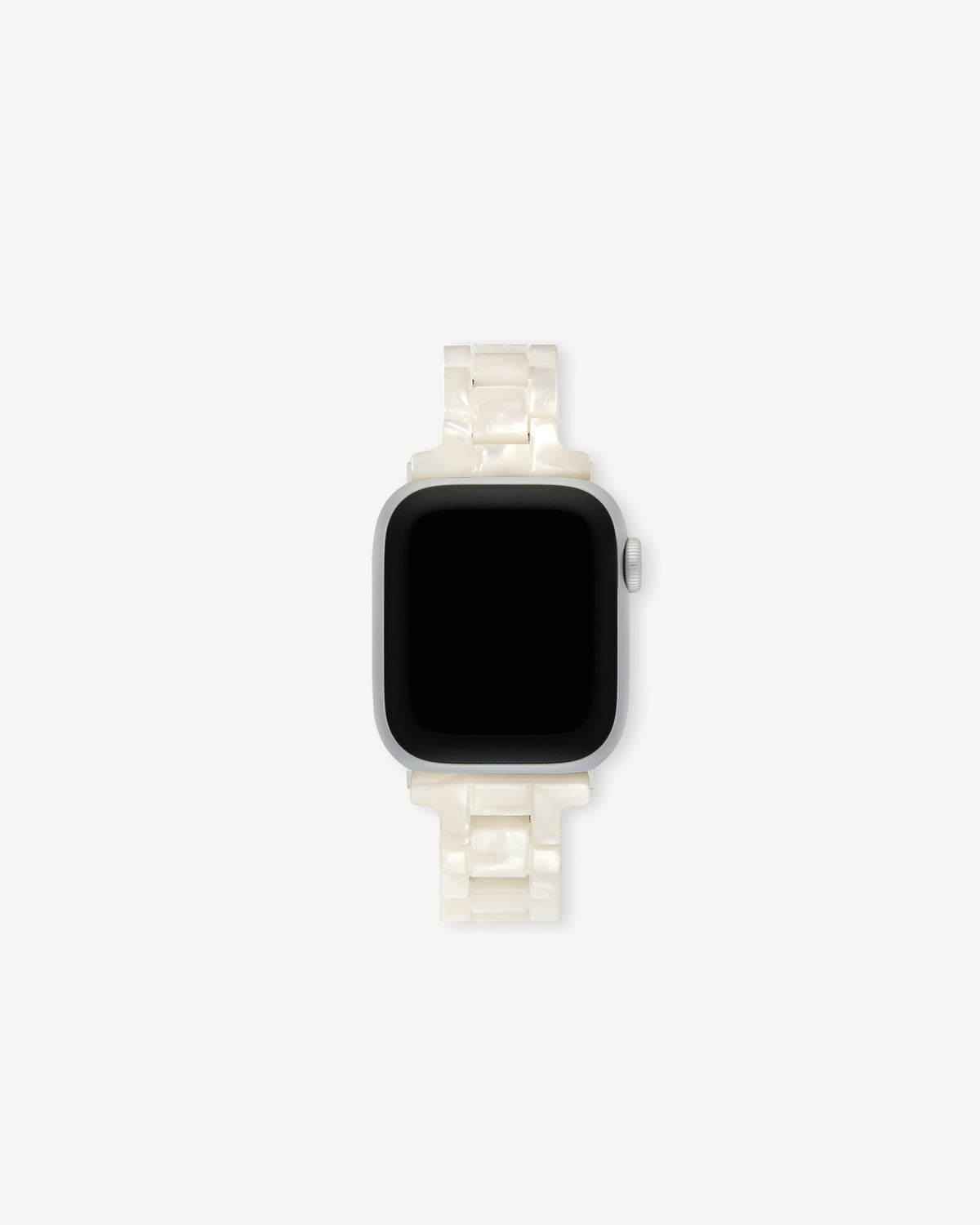 Skinny Apple Watch band in White Shell with silver hardware.