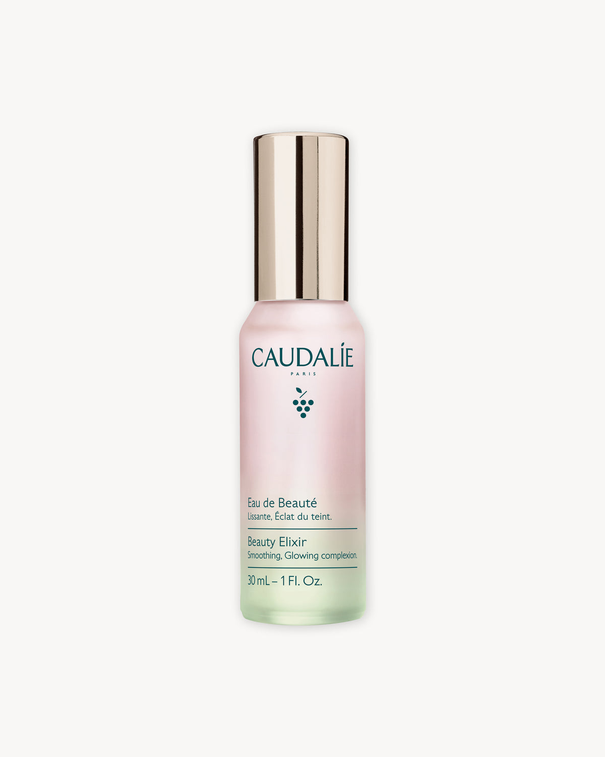 Caudalie Beauty Elixir Smoothing and Glow Complex 30 mL bottle with a pink-to-green gradient body and a metallic gold cap, centered on a light gray background.